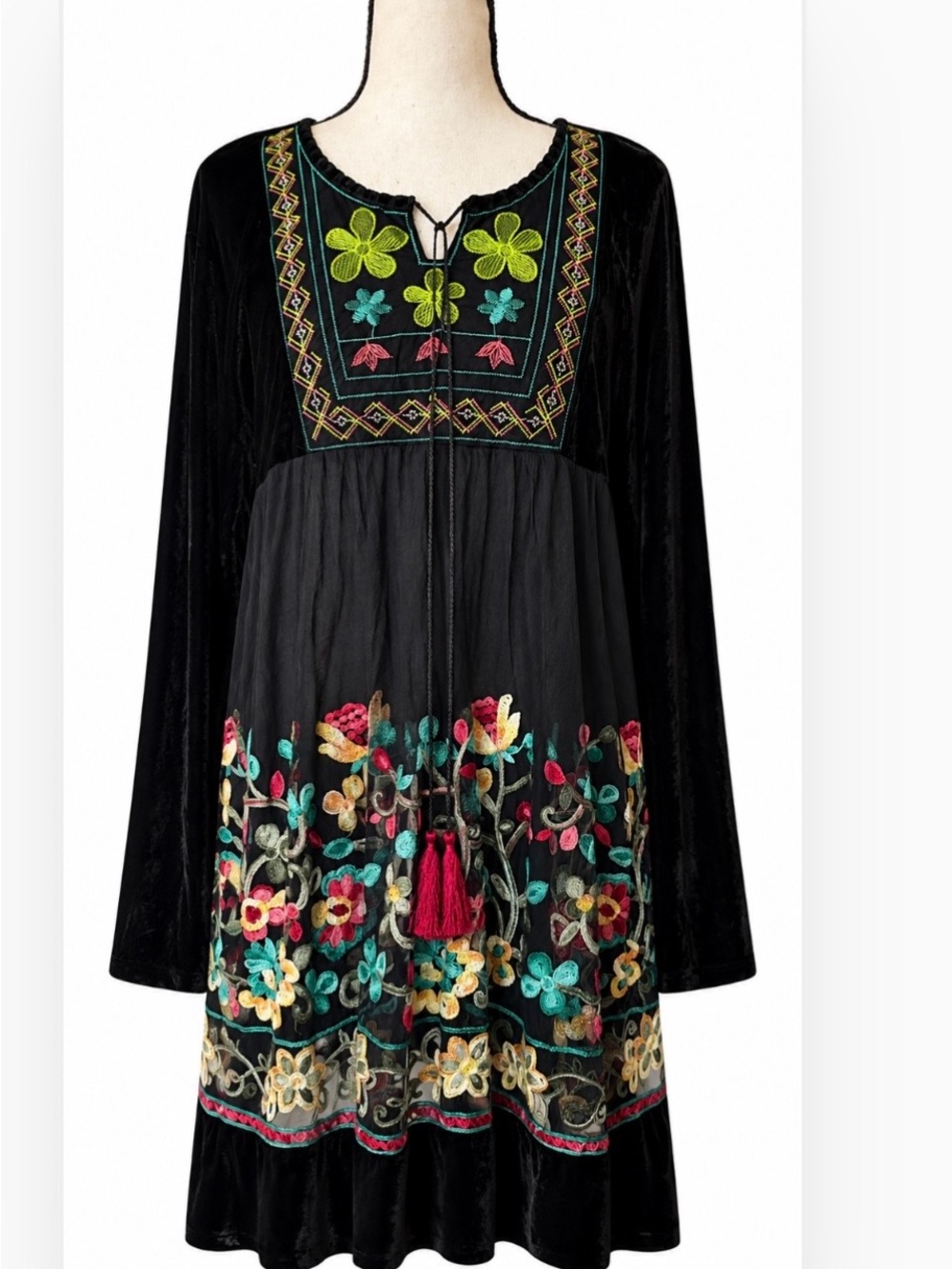 Boho Festival Velvet Floral Embroidered Dress Long Sleeve Tassel Mini Tunic XL